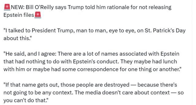 Bill O'Reilly says Trump told him rationale for not releasing Epstein files