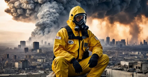 image Man in Yellow Hazmat Suit with smokey clouds in the background